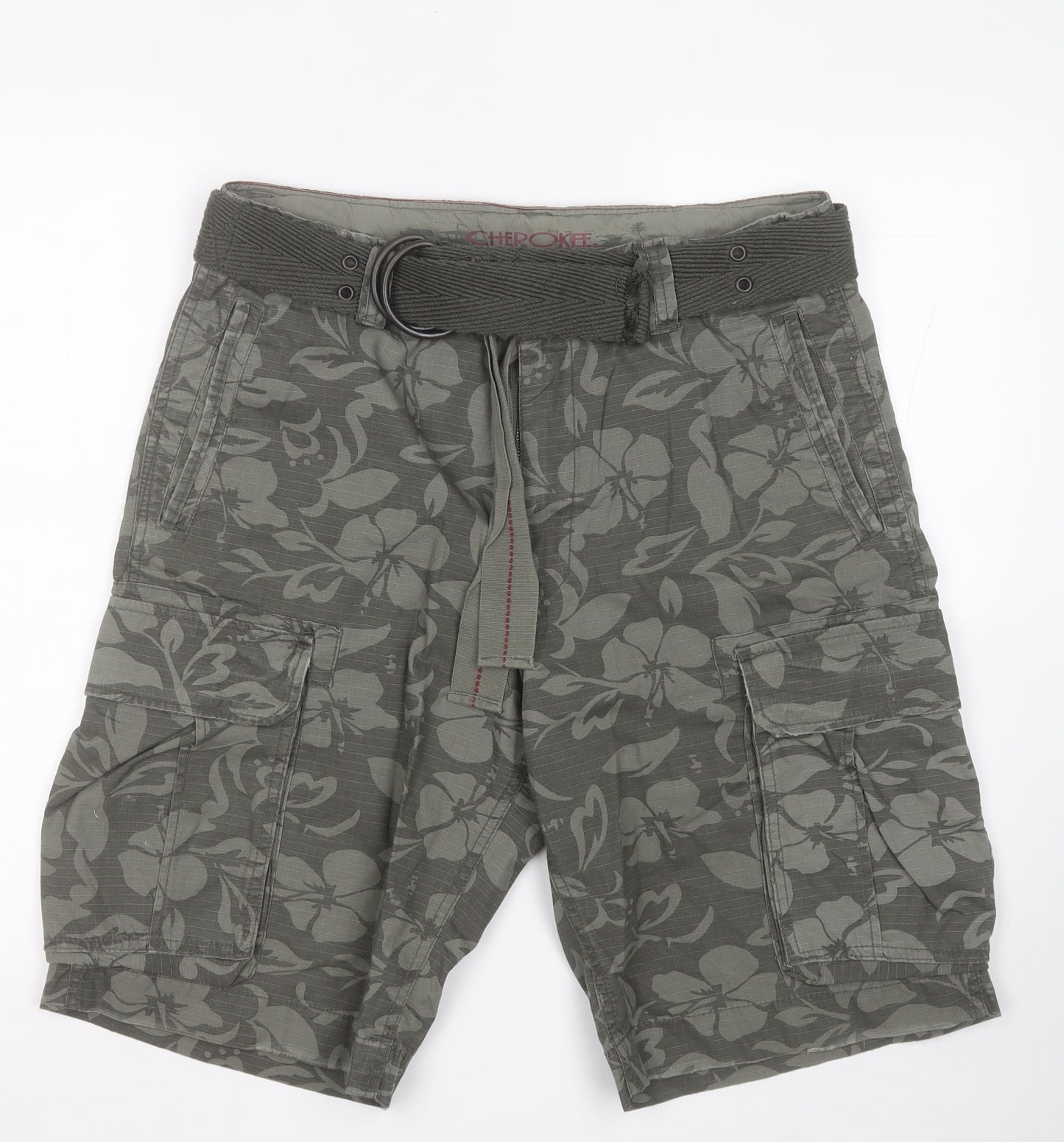 Cherokee Mens Green Floral Cotton Cargo Shorts Size 34 in  Regular