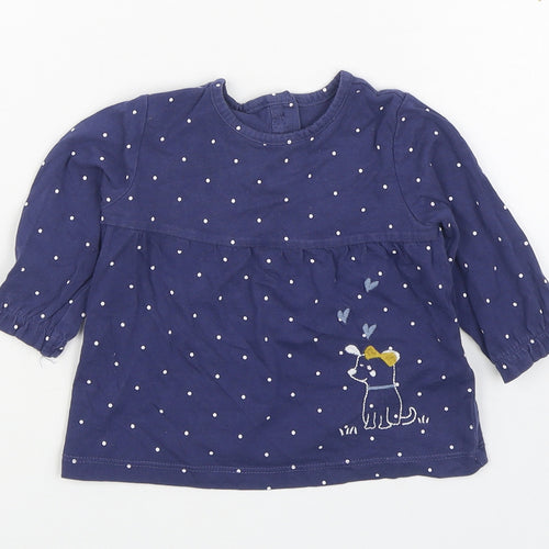 Marks and Spencer Girls Blue Polka Dot 100% Cotton Basic T-Shirt Size 3-6 Months Round Neck Pullover