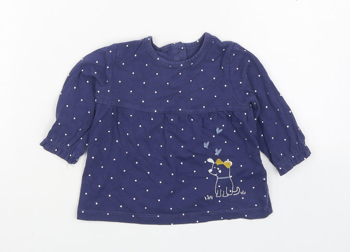 Marks and Spencer Girls Blue Polka Dot 100% Cotton Basic T-Shirt Size 3-6 Months Round Neck Pullover