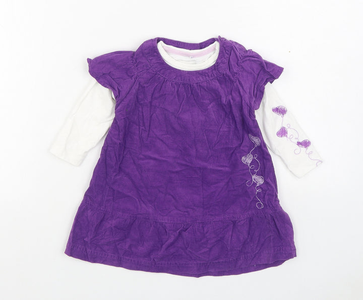 name it Girls Purple 100% Cotton A-Line Size 6-9 Months Round Neck Button - 2 Piece set