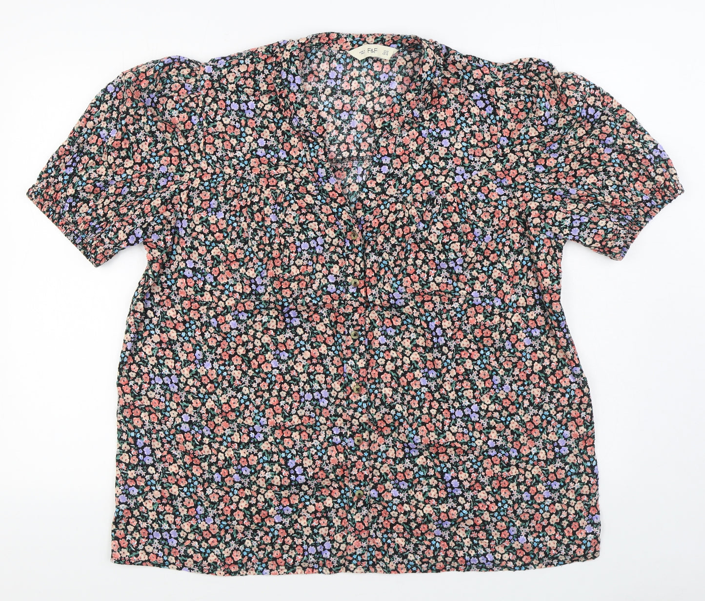 F&F Womens Multicoloured Floral 100% Cotton Basic Button-Up Size 20 V-Neck