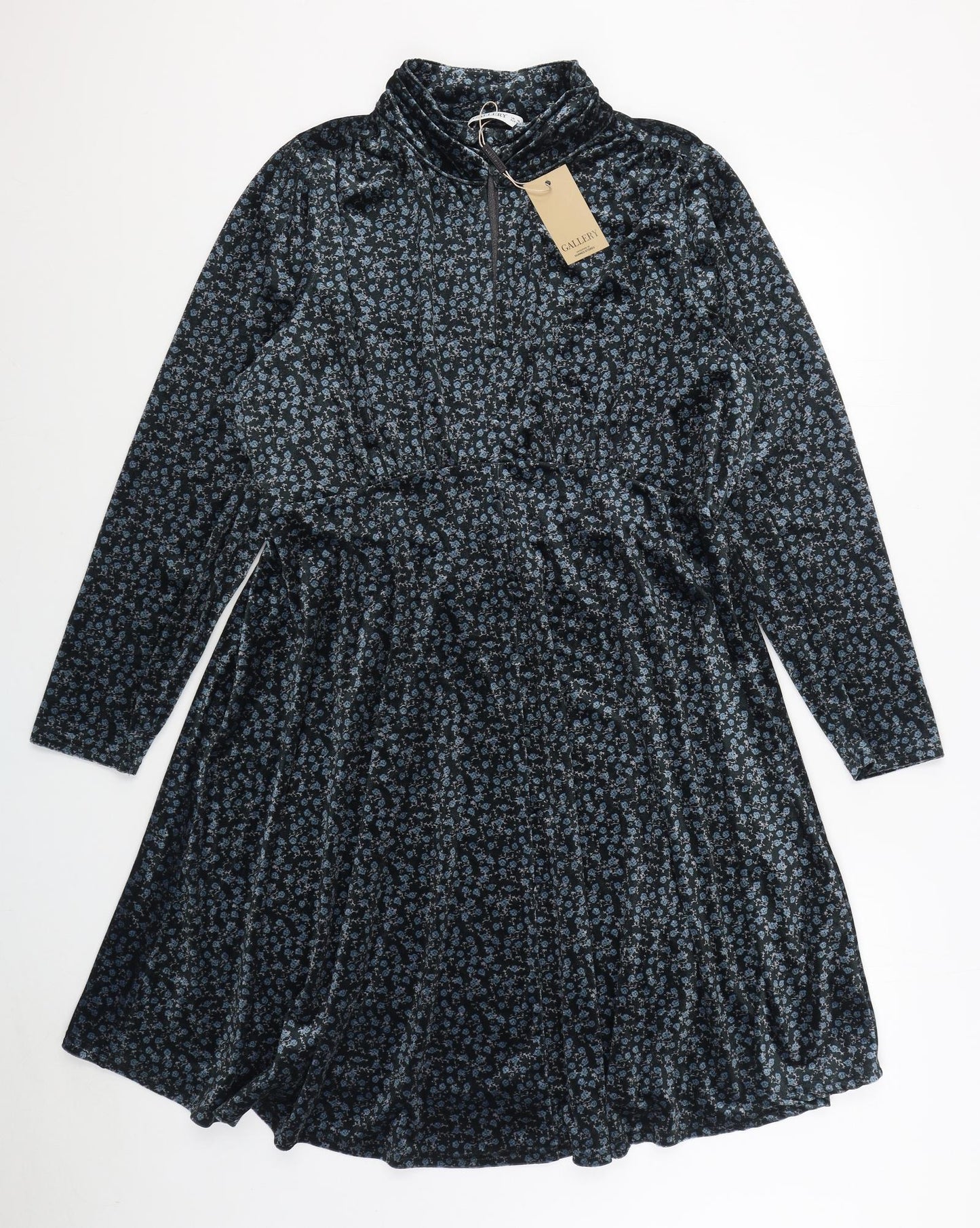 Gallery Womens Blue Floral Polyester A-Line  Size 18  High Neck Button