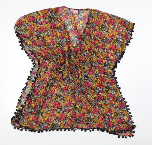 Front view of Boutique women’s multicoloured floral polyester wrap dress, size S, v-neck tie - beach cover