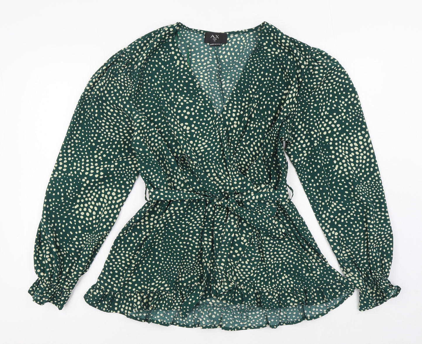 AX Womens Green Polka Dot Polyester Wrap Blouse Size 14 V-Neck