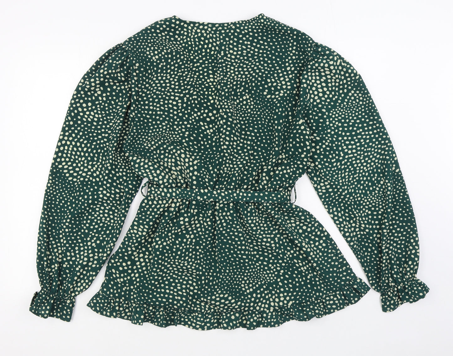 AX Womens Green Polka Dot Polyester Wrap Blouse Size 14 V-Neck