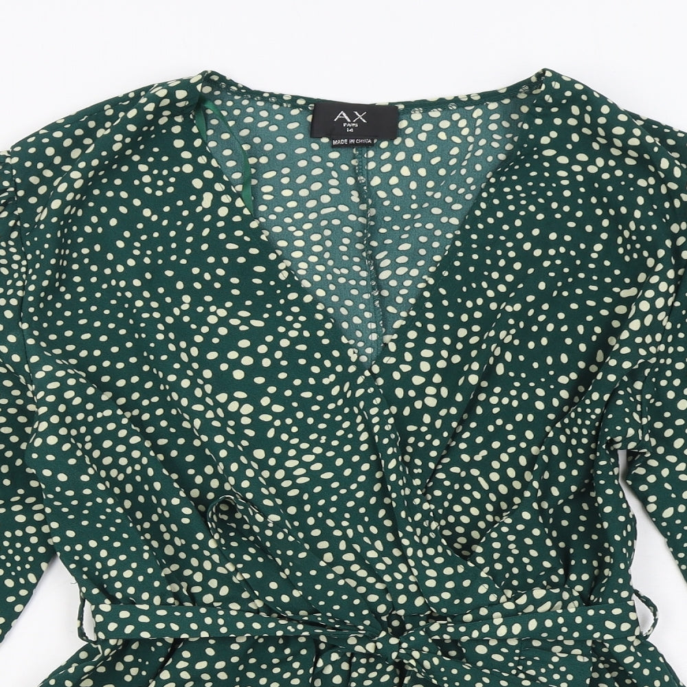 AX Womens Green Polka Dot Polyester Wrap Blouse Size 14 V-Neck