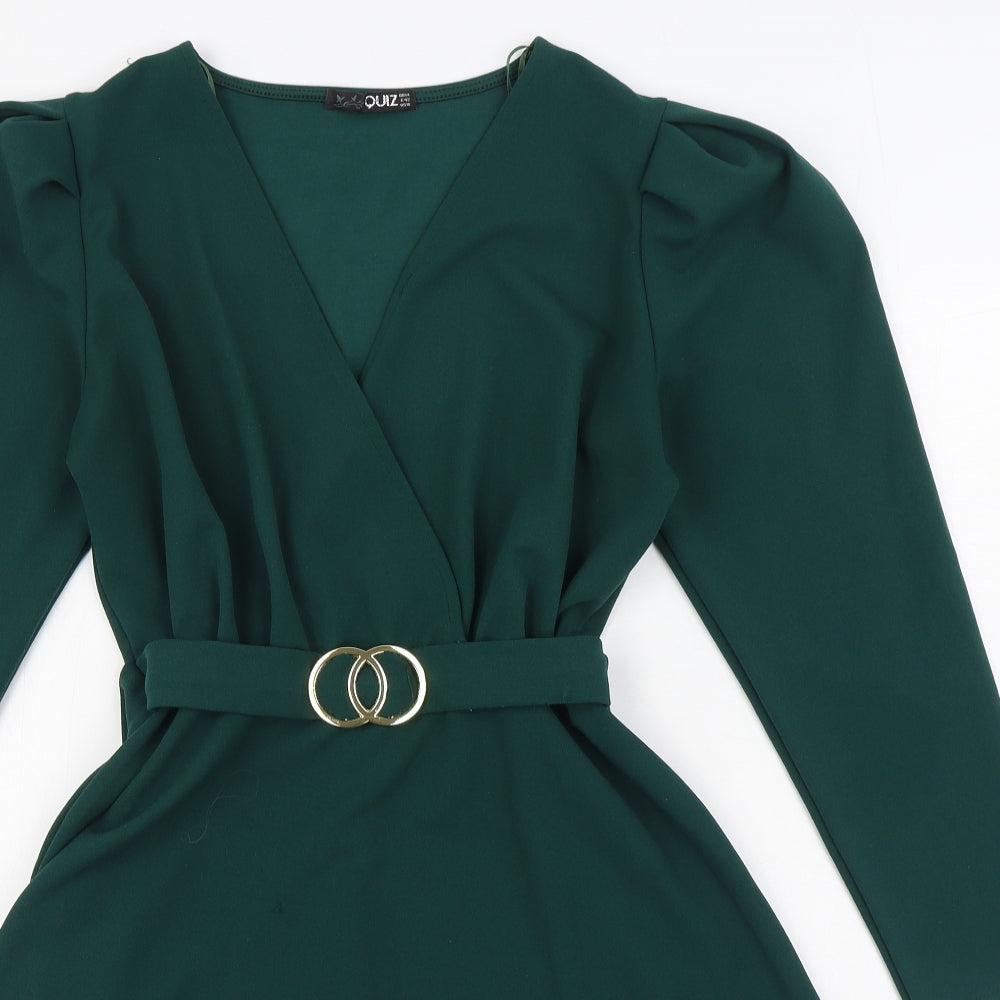 Quiz Womens Green  Polyester Skater Dress  Size 14  V-Neck Pullover