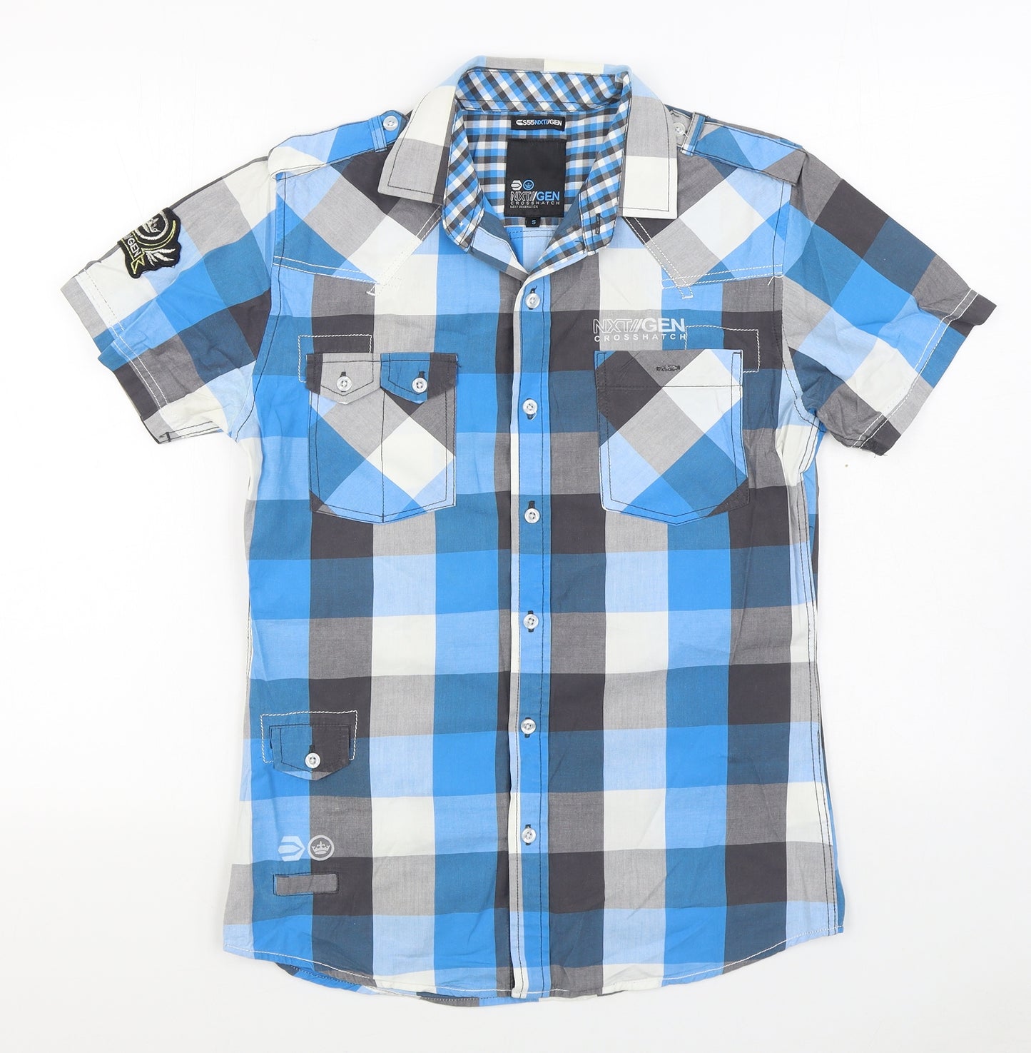 Crosshatch Mens Blue Geometric Cotton  Button-Up Size S Collared Button