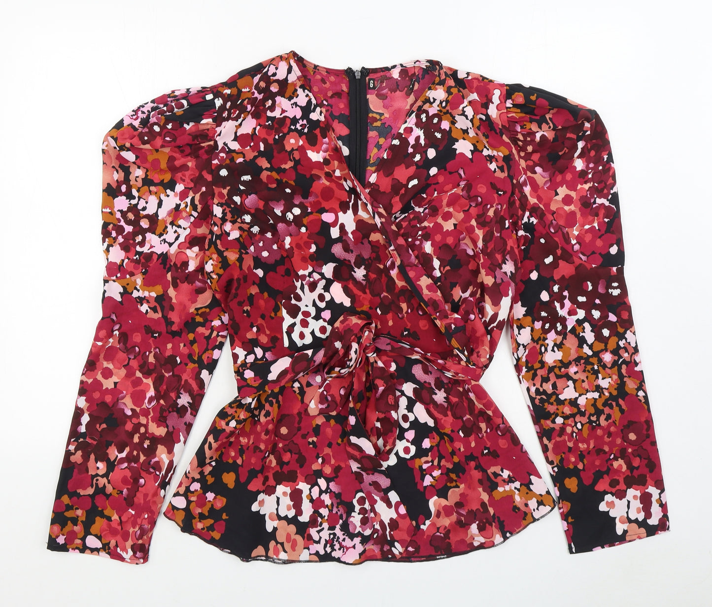 Preworn Womens Red Geometric Polyester Basic Blouse Size 16 V-Neck