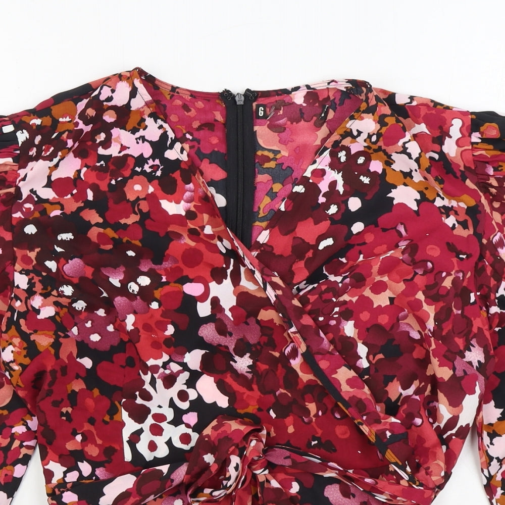 Preworn Womens Red Geometric Polyester Basic Blouse Size 16 V-Neck