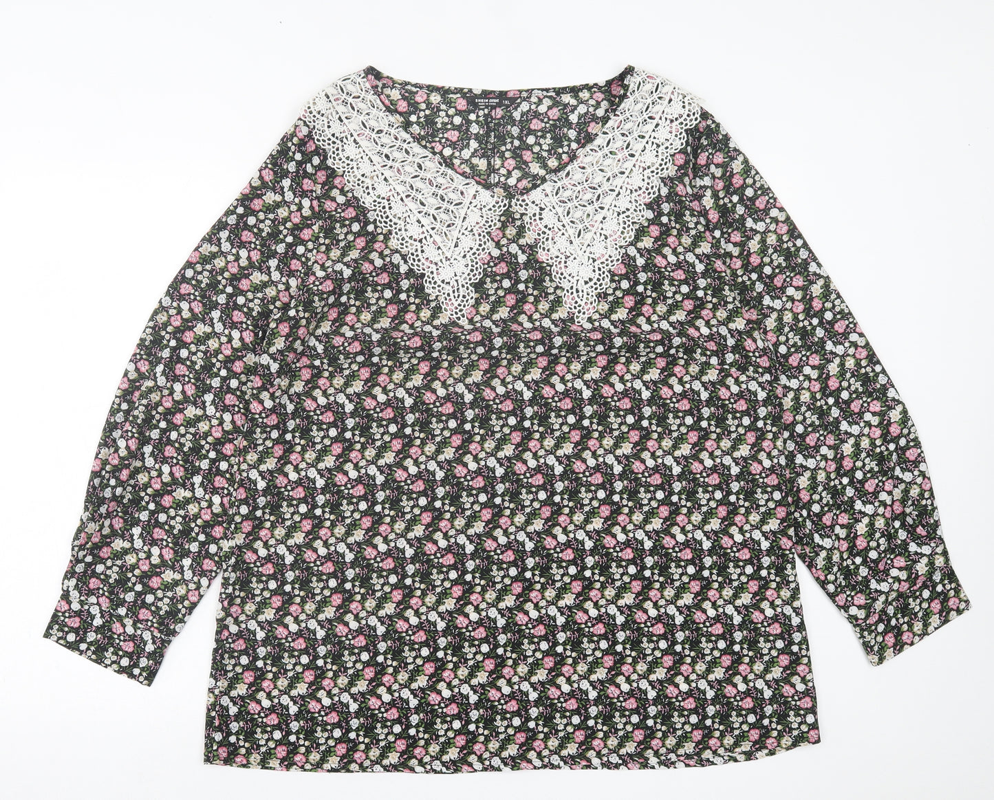 SheIn Womens Pink Floral Polyester Basic Blouse Size XL Crew Neck