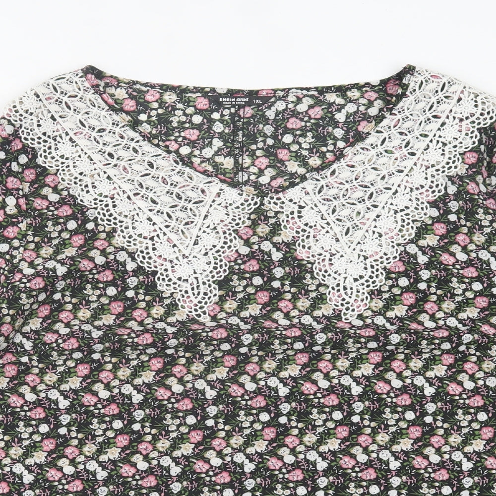 SheIn Womens Pink Floral Polyester Basic Blouse Size XL Crew Neck