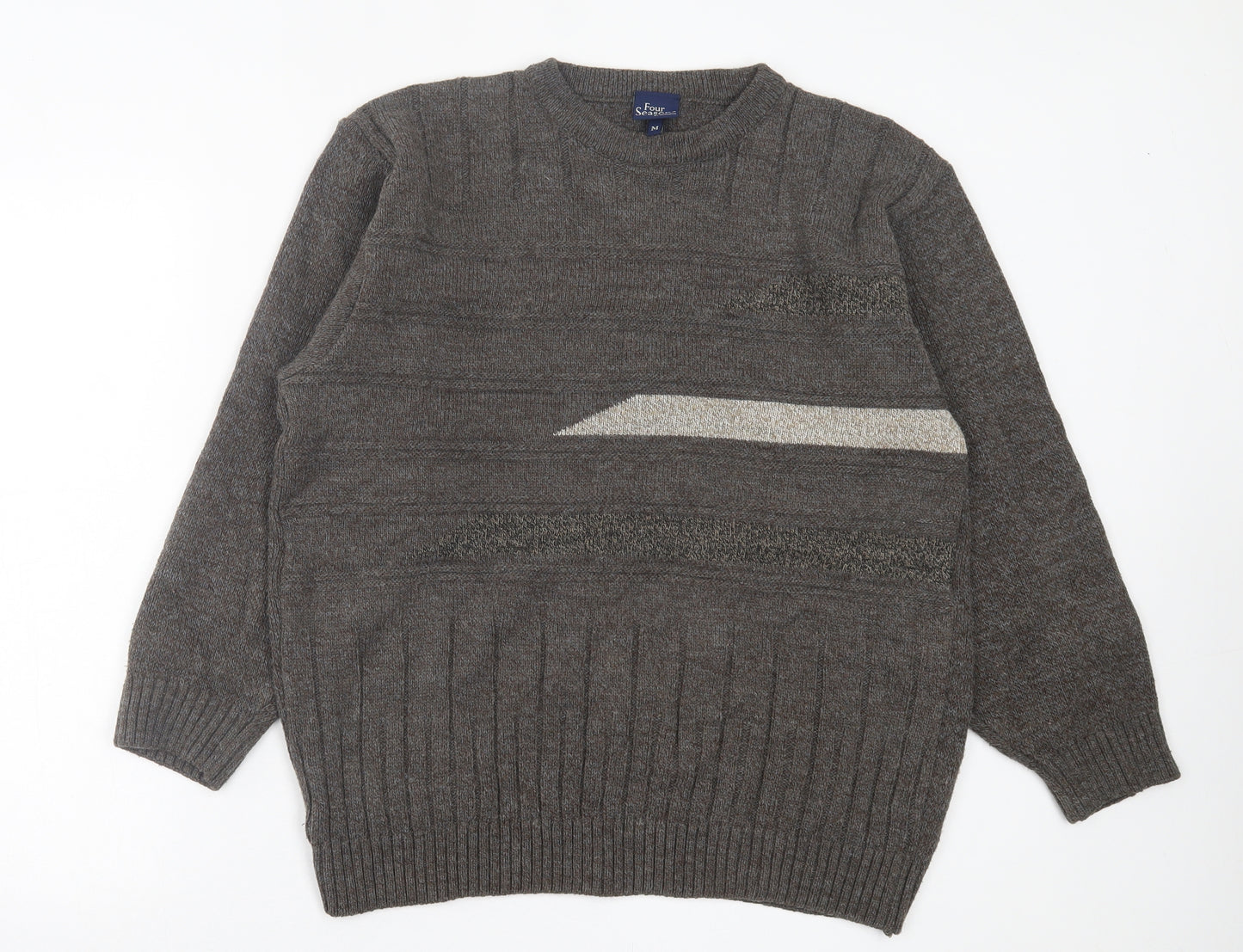 Four Seasons Mens Grey Crew Neck Striped Acrylic Pullover Jumper Size M