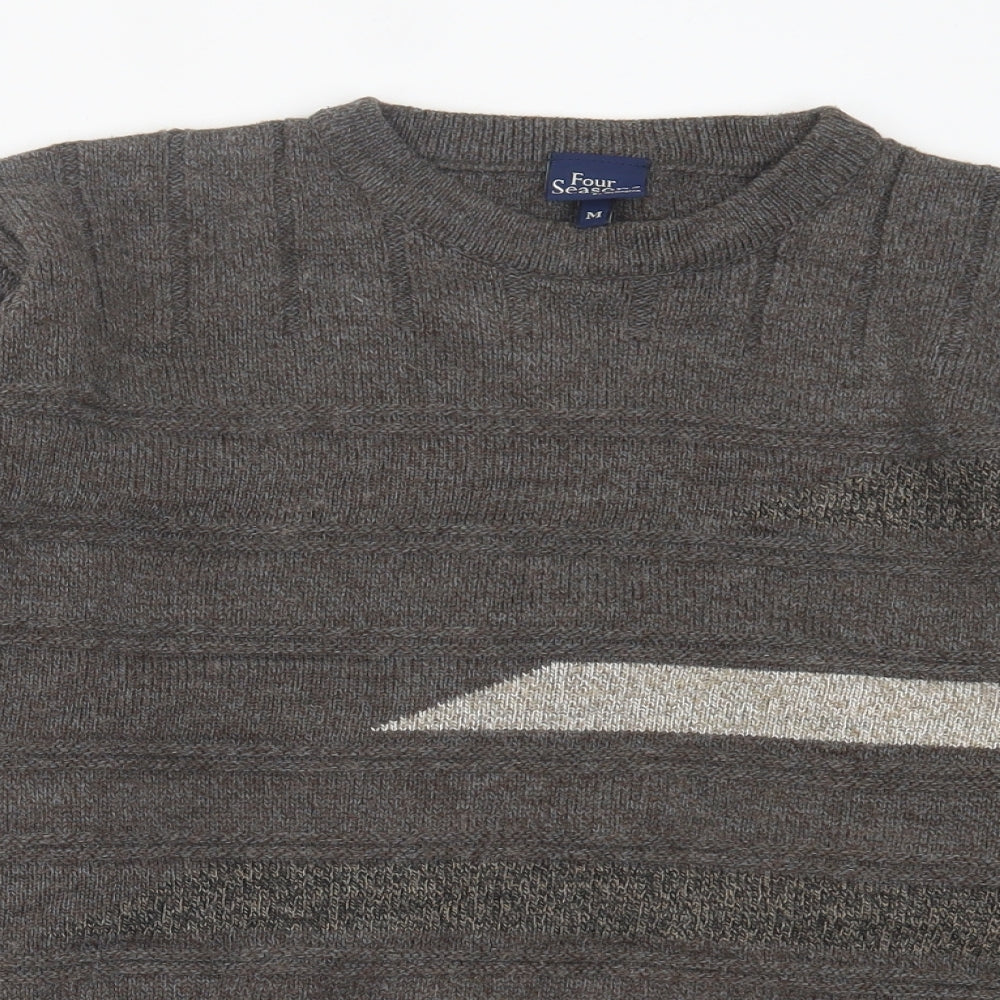 Four Seasons Mens Grey Crew Neck Striped Acrylic Pullover Jumper Size M