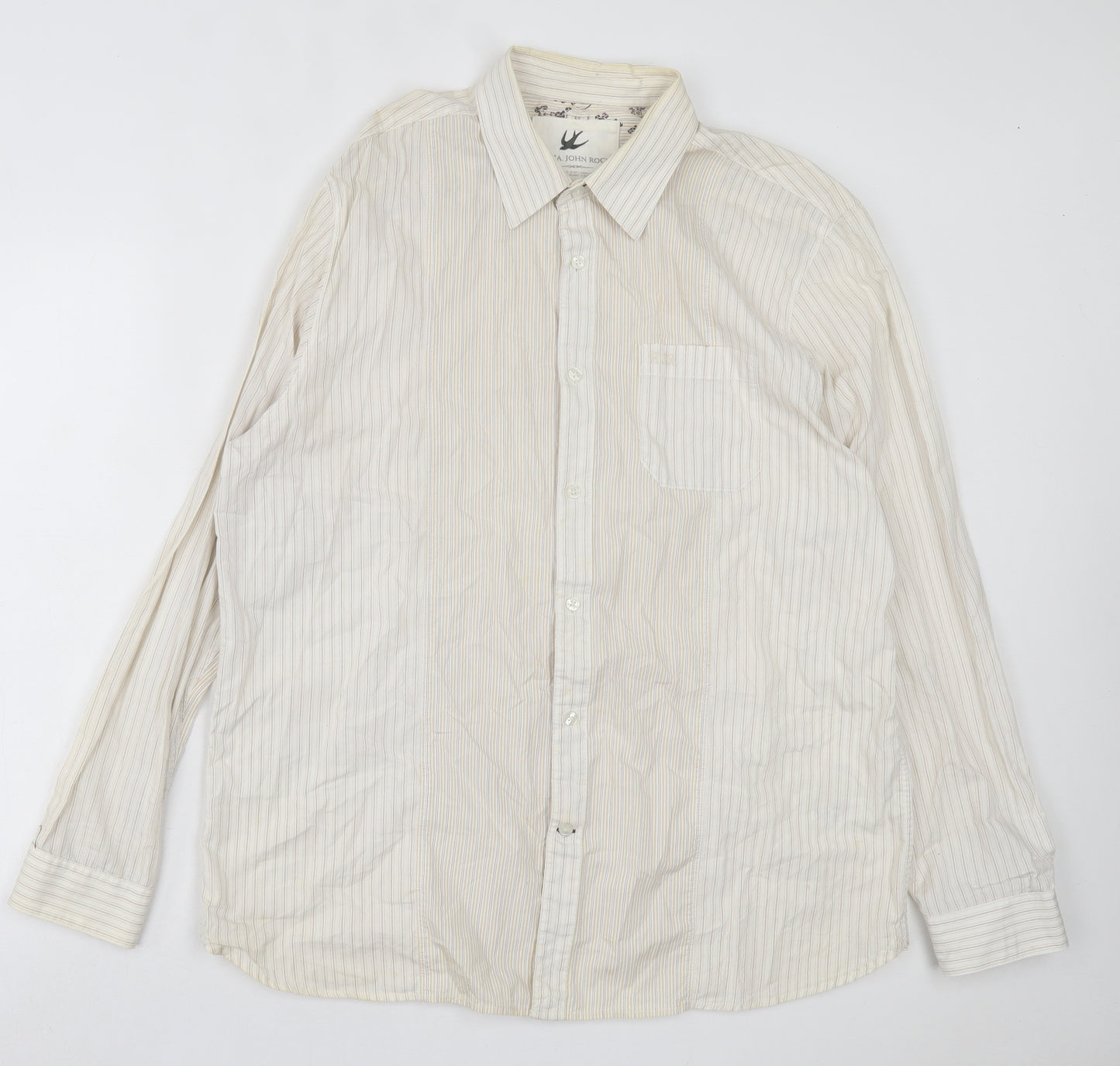 RJR.John Rocha Mens Ivory Striped Cotton  Button-Up Size L Collared Button