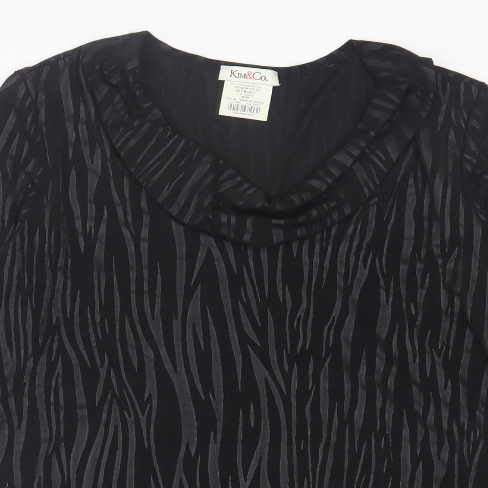 kim&co Womens Black Animal Print Polyester Basic T-Shirt Size M Roll Neck