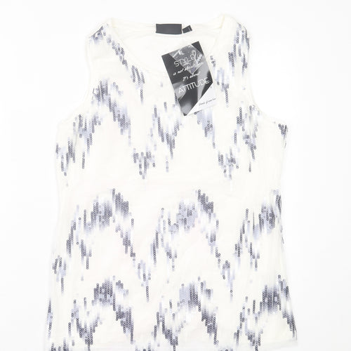 Attitude by Renee Womens White Geometric Polyester Basic Tank Size S Scoop Neck