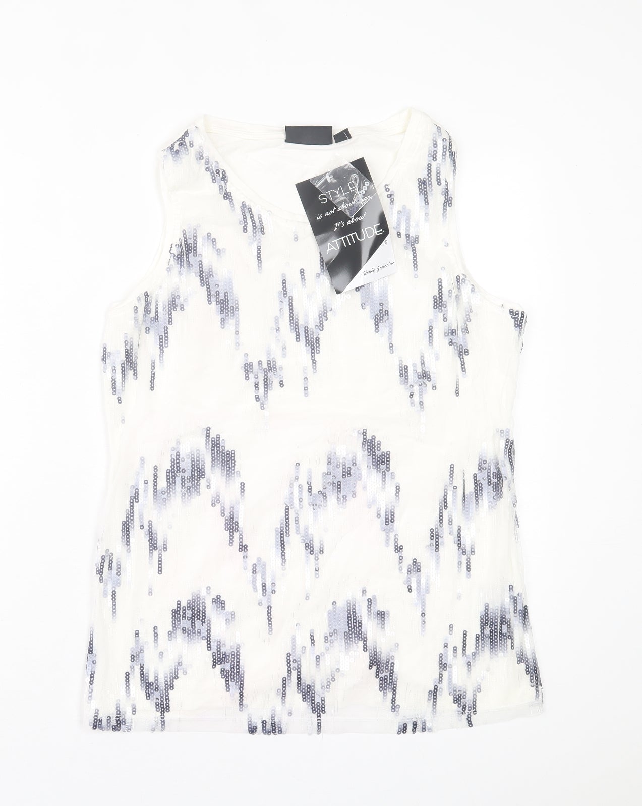 Attitude by Renee Womens White Geometric Polyester Basic Tank Size S Scoop Neck