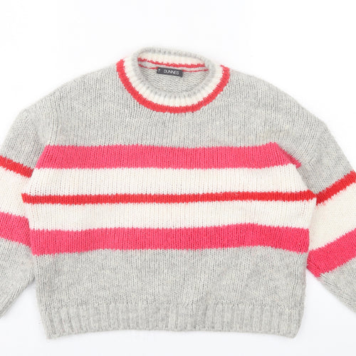 Dunnes Stores Womens Grey Crew Neck Striped Acrylic Pullover Jumper Size S   - cropped