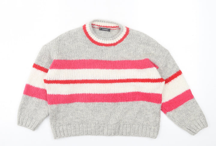 Dunnes Stores Womens Grey Crew Neck Striped Acrylic Pullover Jumper Size S   - cropped