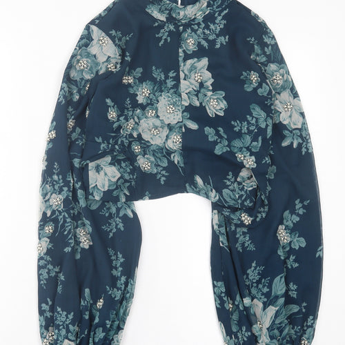 ASOS Womens Green Floral Polyester Cropped Blouse Size 10 High Neck