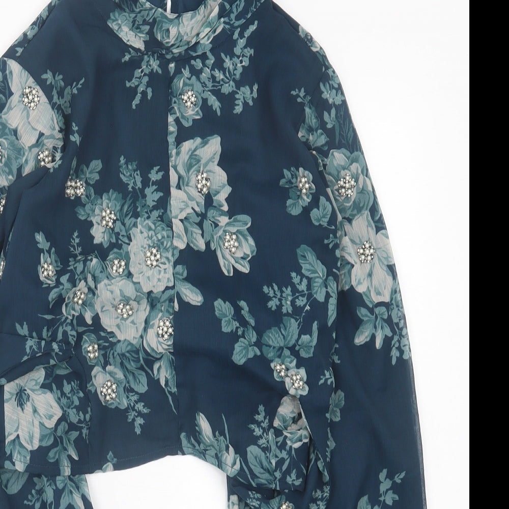 ASOS Womens Green Floral Polyester Cropped Blouse Size 10 High Neck