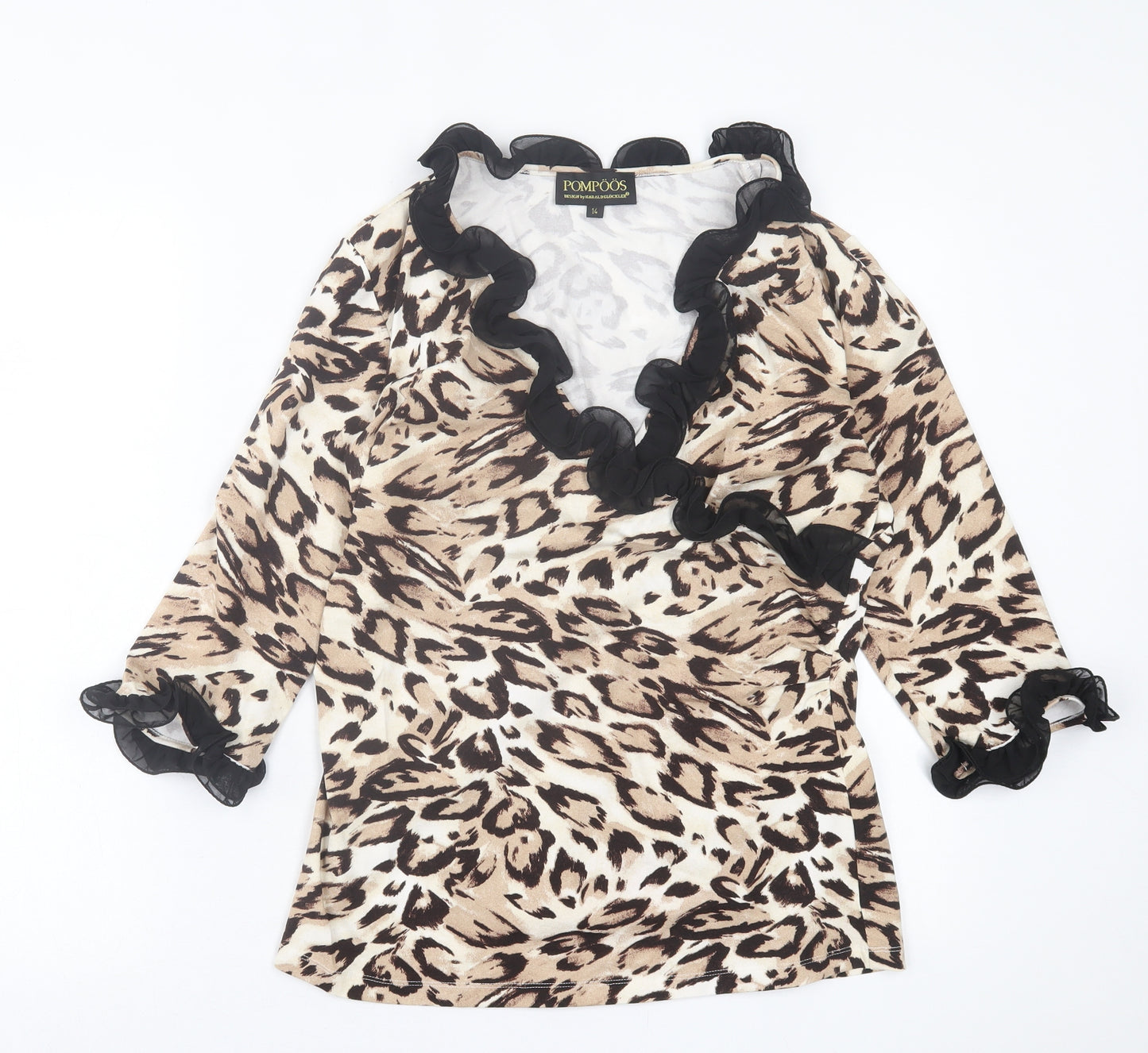 Pompoos Womens Brown Animal Print Viscose Basic T-Shirt Size 14 V-Neck