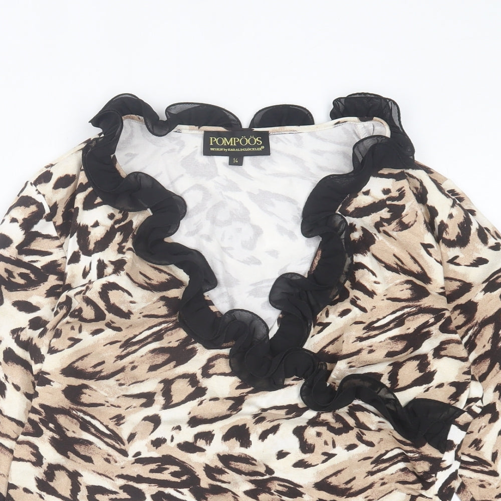 Pompoos Womens Brown Animal Print Viscose Basic T-Shirt Size 14 V-Neck