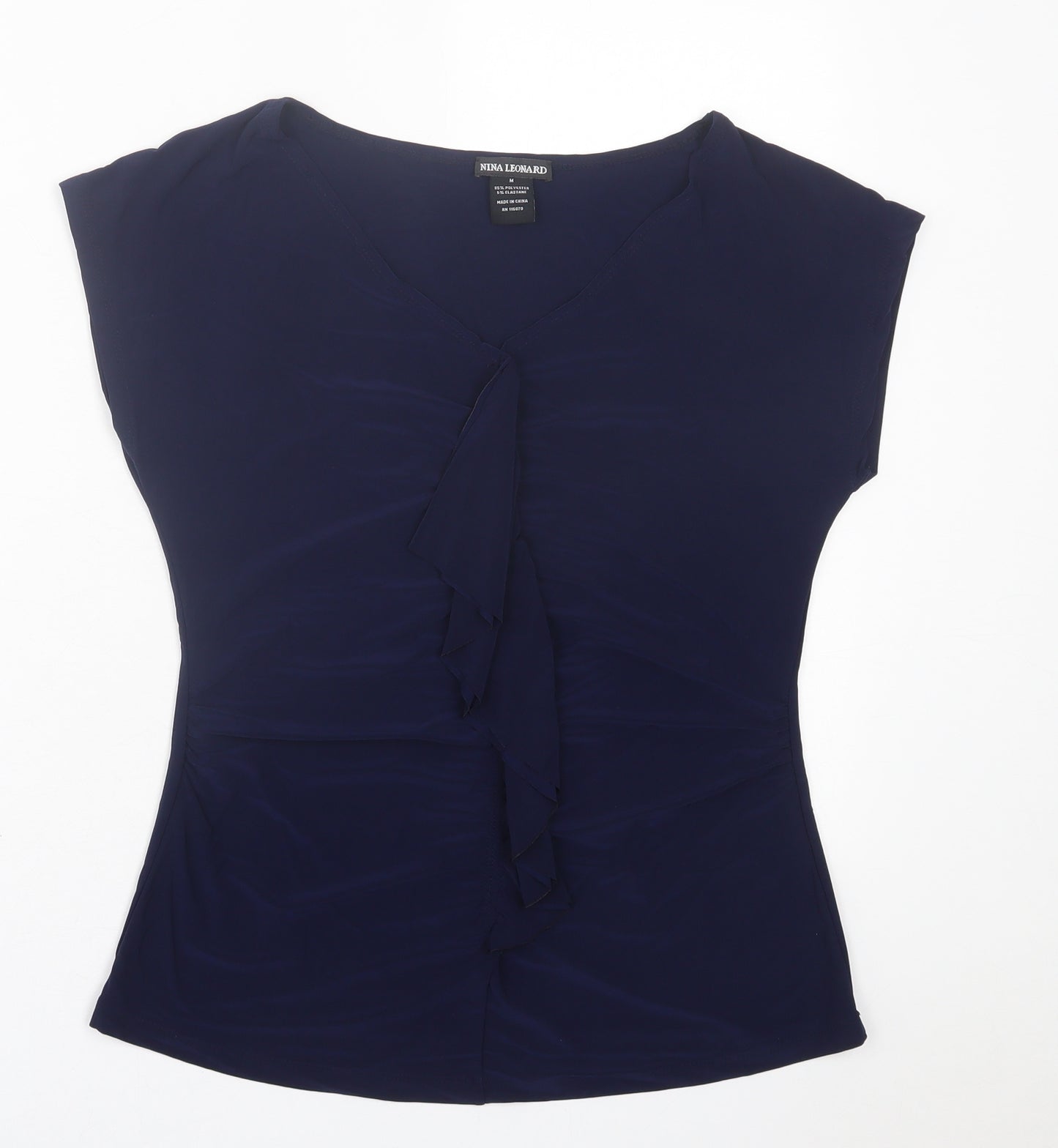 Nina Leonard Womens Blue  Polyester Basic T-Shirt Size M V-Neck