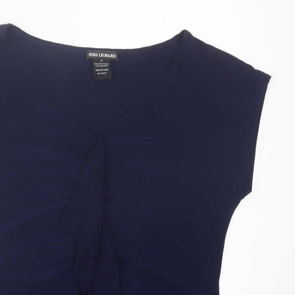 Nina Leonard Womens Blue  Polyester Basic T-Shirt Size M V-Neck