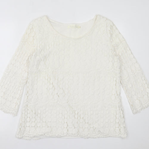 Solitaire Fits-Over Womens White Geometric Polyester Basic Blouse Size L Crew Neck