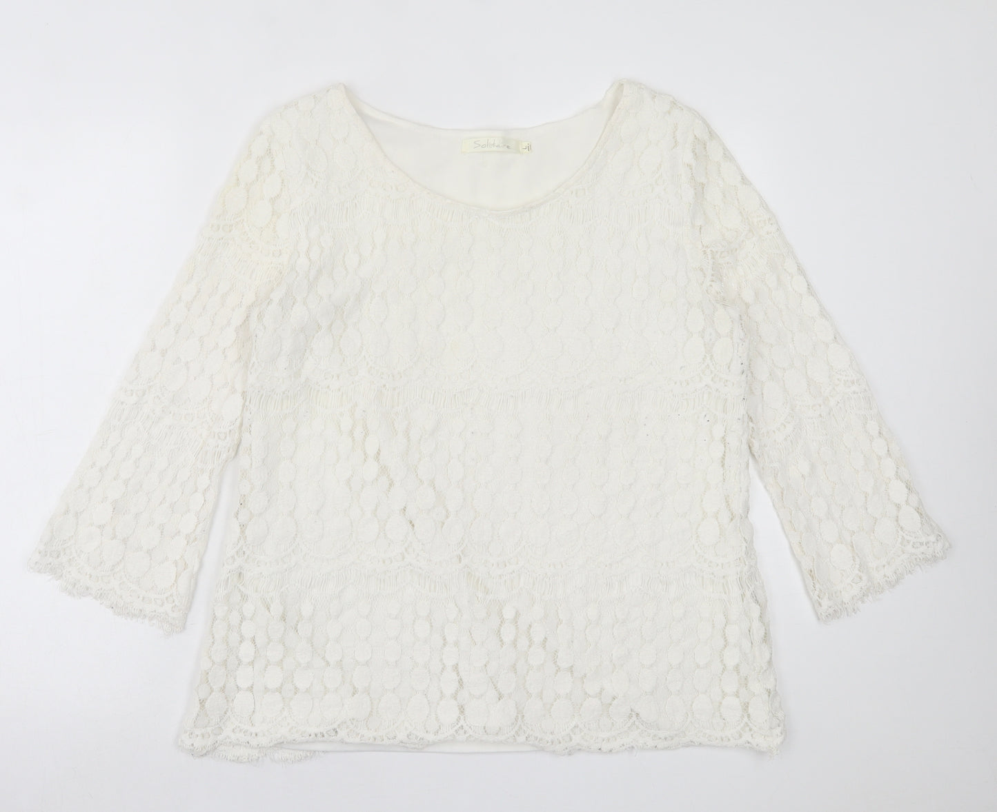Solitaire Fits-Over Womens White Geometric Polyester Basic Blouse Size L Crew Neck