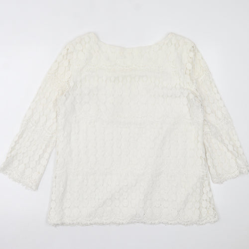 Solitaire Fits-Over Womens White Geometric Polyester Basic Blouse Size L Crew Neck
