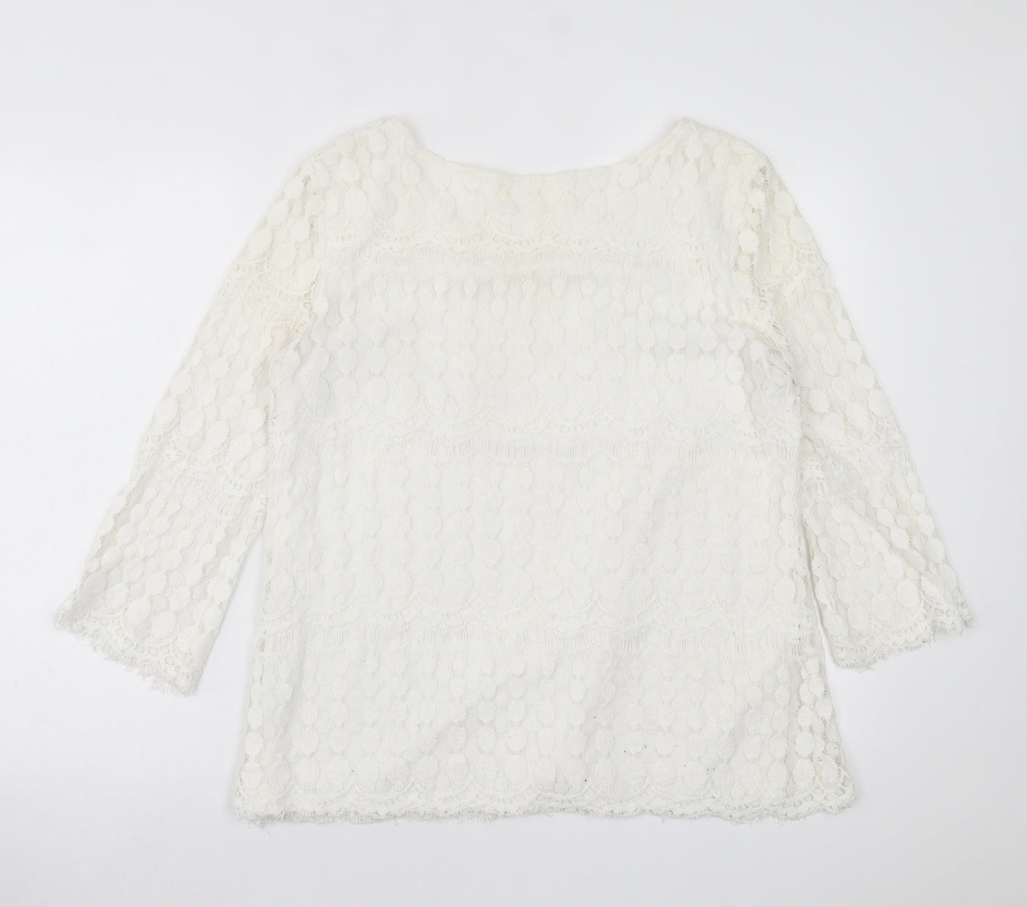 Solitaire Fits-Over Womens White Geometric Polyester Basic Blouse Size L Crew Neck