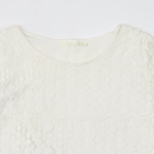 Solitaire Fits-Over Womens White Geometric Polyester Basic Blouse Size L Crew Neck