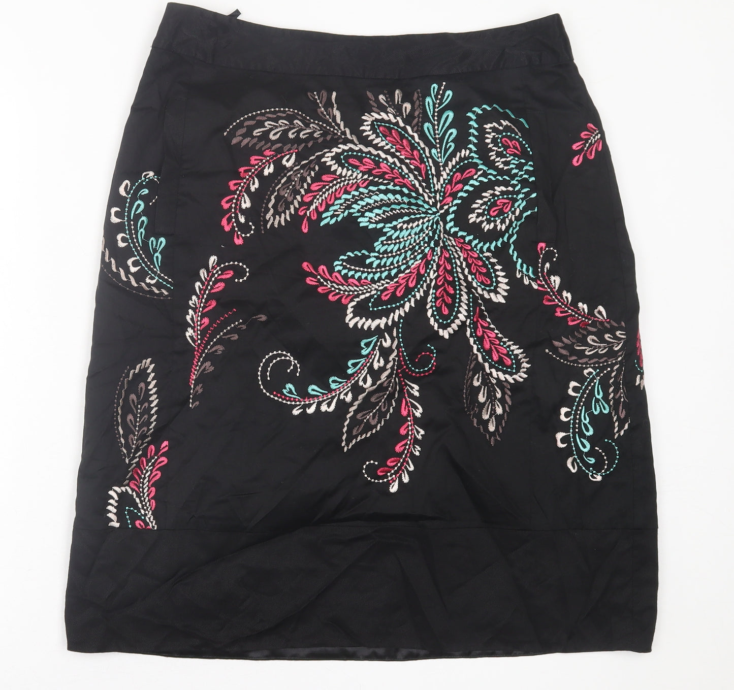 Monsoon Womens Black Floral Cotton A-Line Skirt Size 14   Zip