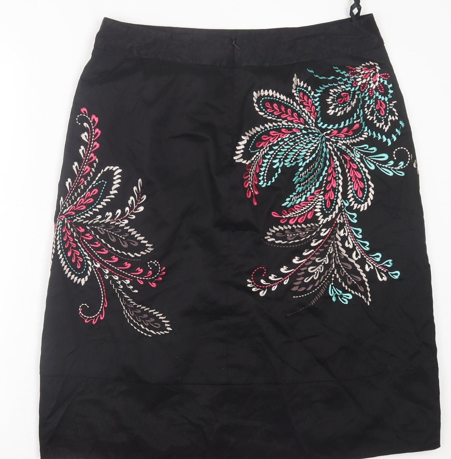 Monsoon Womens Black Floral Cotton A-Line Skirt Size 14   Zip