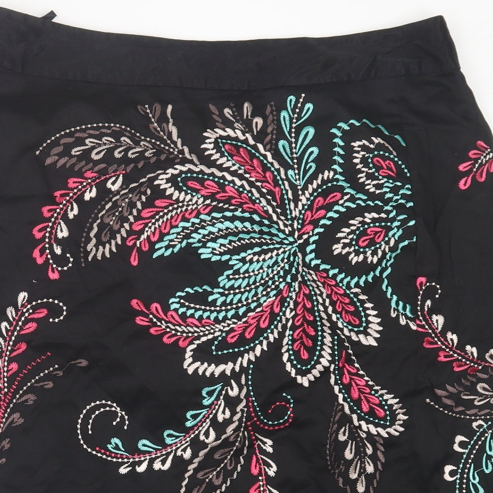 Monsoon Womens Black Floral Cotton A-Line Skirt Size 14   Zip