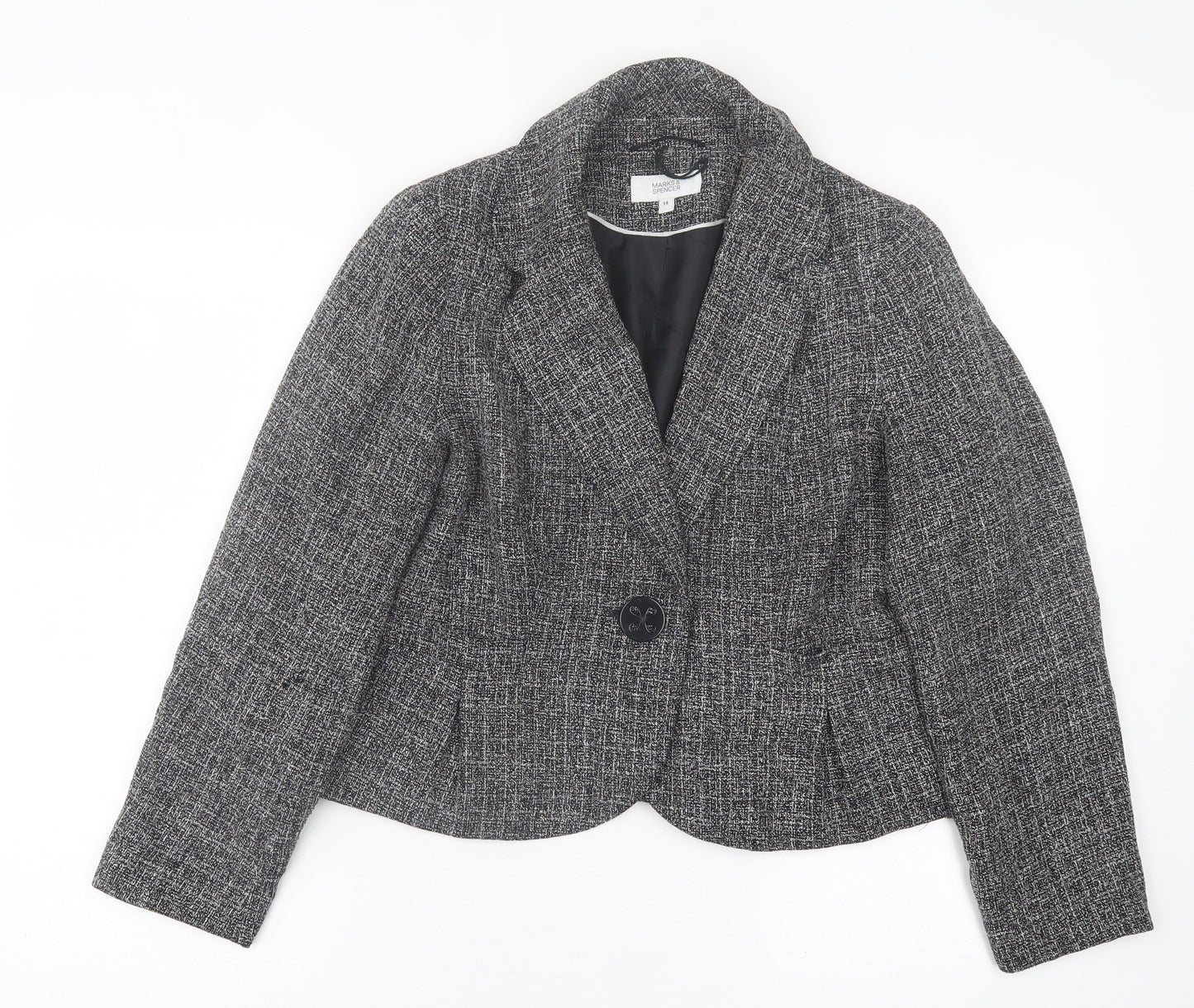 Marks and Spencer Womens Black Geometric  Jacket Blazer Size 14  Button