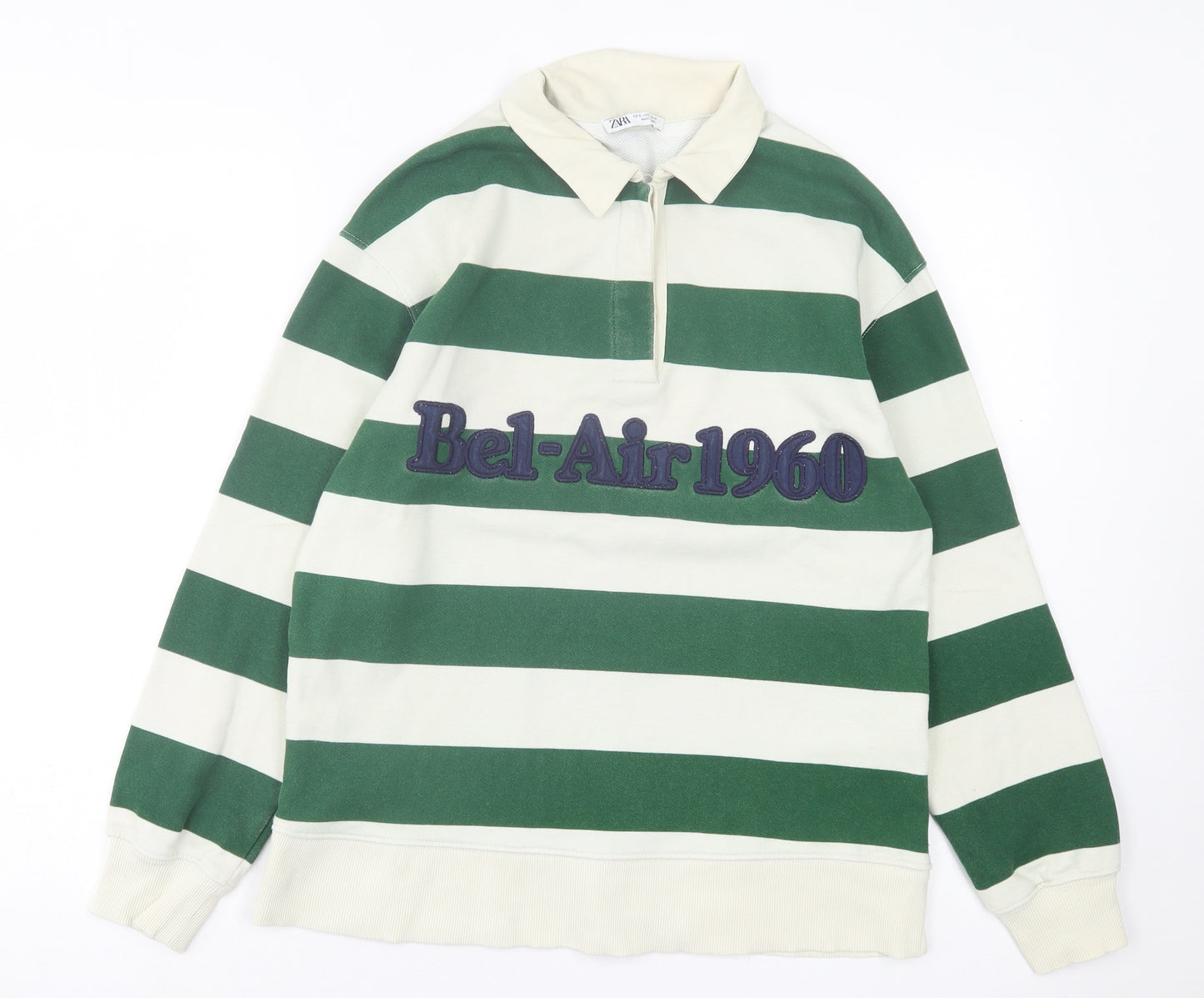 Zara Womens Green Striped Cotton Basic Polo Size S Collared