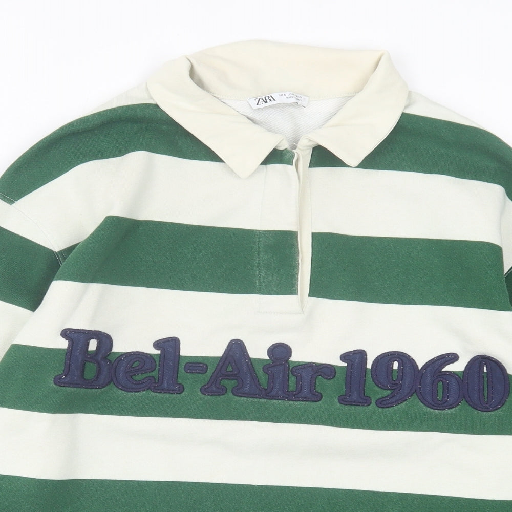 Zara Womens Green Striped Cotton Basic Polo Size S Collared