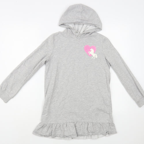 H&M Girls Grey  Cotton Tunic Hoodie Size 10-11 Years  Pullover - Unicorn