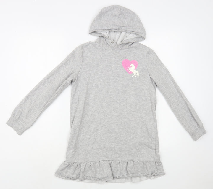 H&M Girls Grey Cotton Tunic Hoodie Size 10-11 Years Pullover - Unicorn