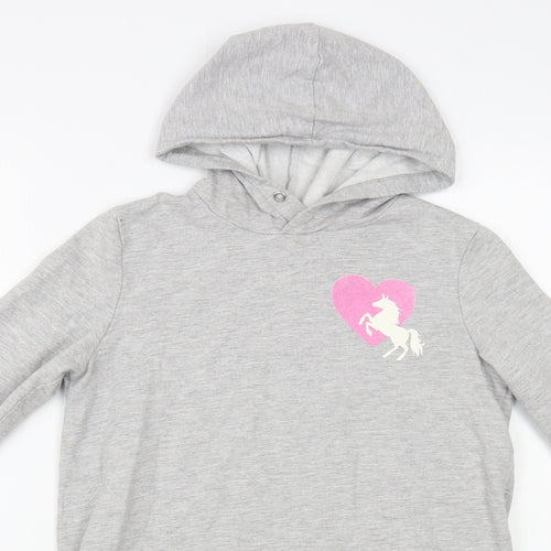 H&M Girls Grey  Cotton Tunic Hoodie Size 10-11 Years  Pullover - Unicorn