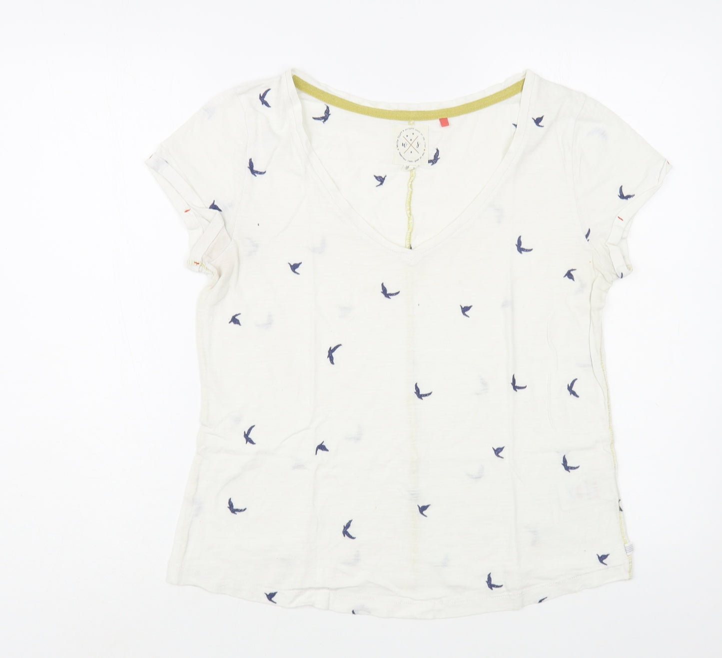 White Stuff Womens White Geometric Cotton Basic T-Shirt Size 10 V-Neck - Bird Pattern