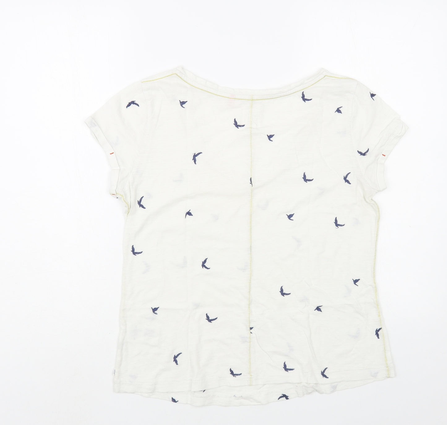 White Stuff Womens White Geometric Cotton Basic T-Shirt Size 10 V-Neck - Bird Pattern