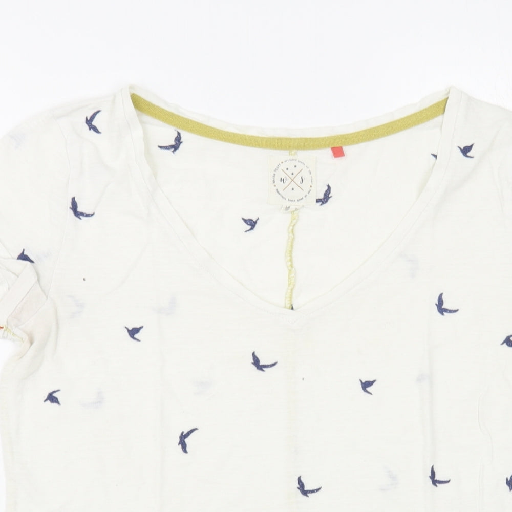 White Stuff Womens White Geometric Cotton Basic T-Shirt Size 10 V-Neck - Bird Pattern