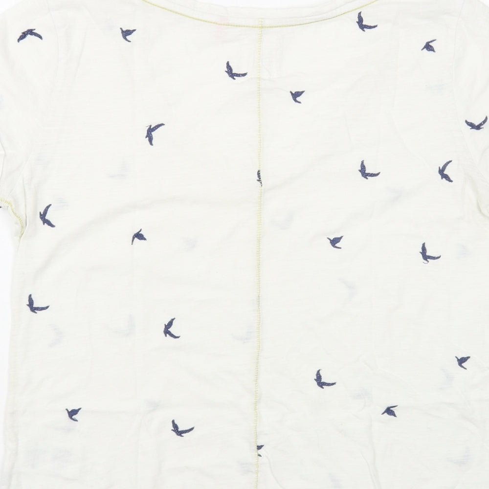 White Stuff Womens White Geometric Cotton Basic T-Shirt Size 10 V-Neck - Bird Pattern