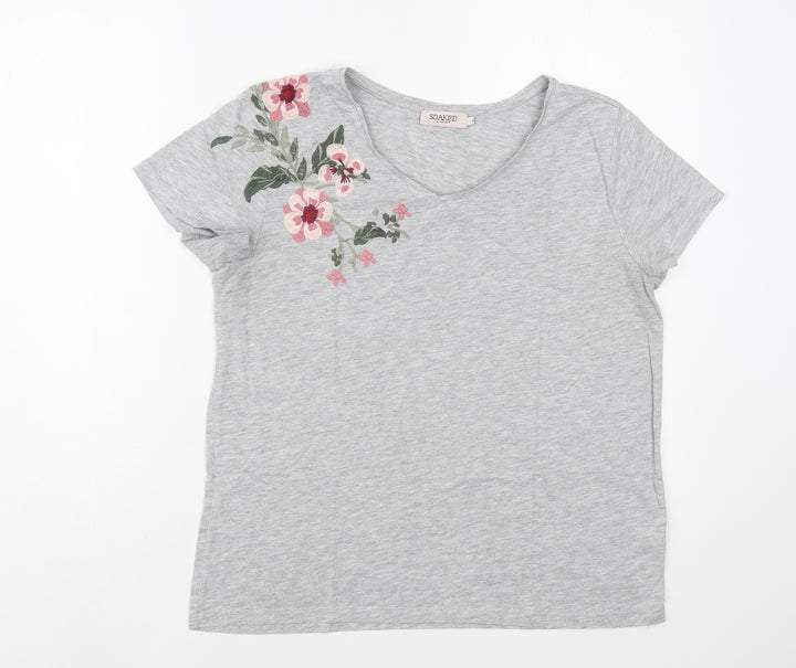 Soaked in Luxury Womens Grey Polyester Basic T-Shirt Size S V-Neck