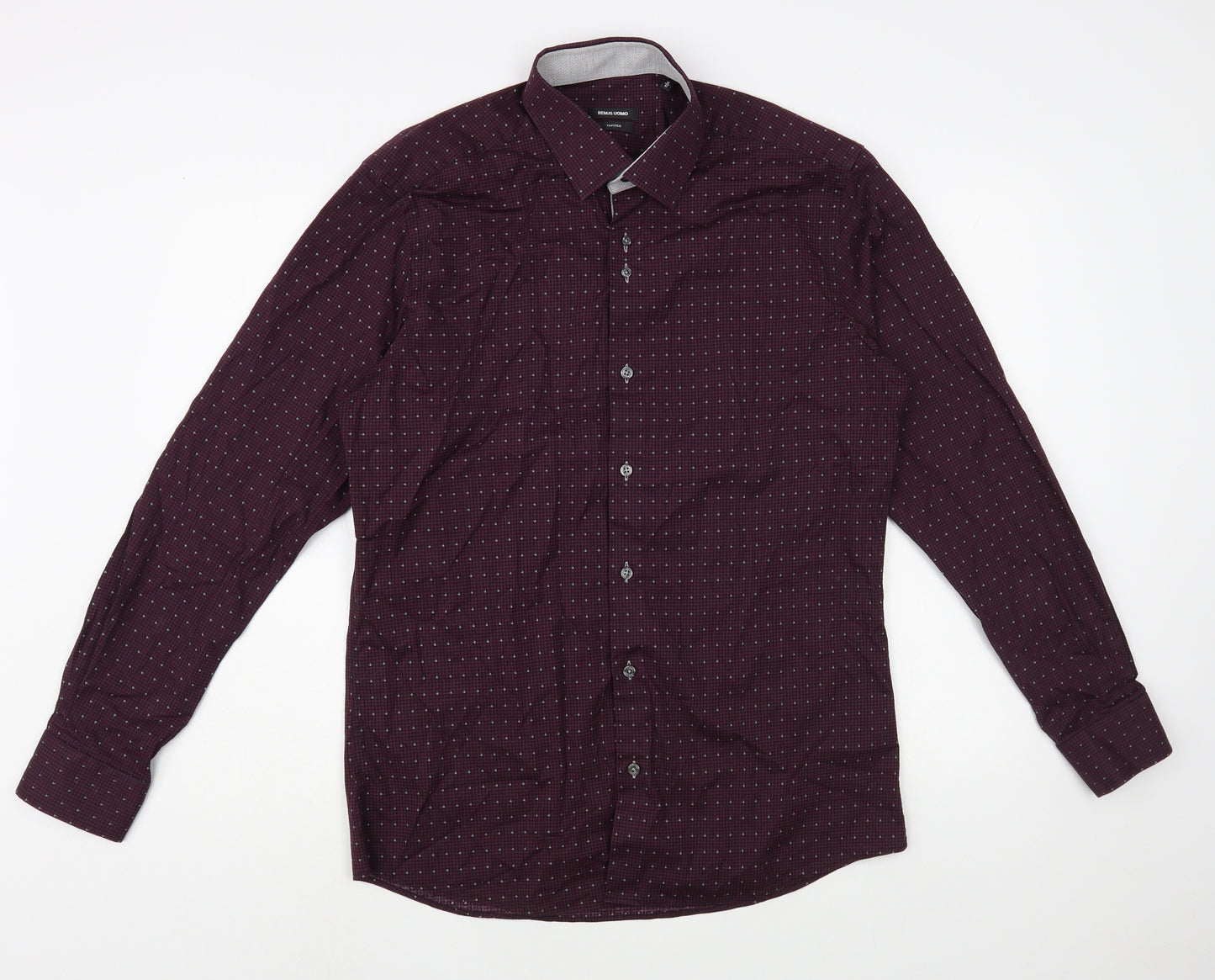Remus Uomo Mens Purple Houndstooth Cotton  Dress Shirt Size 16 Collared Button
